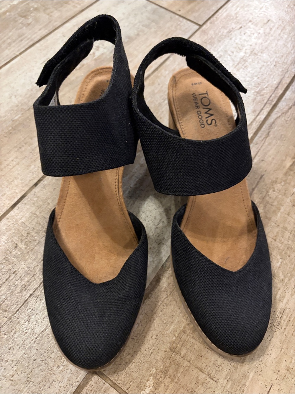 TOMS Black Canvas Ankle-Strap Women's wedges
